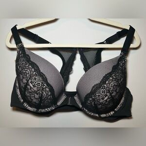 Cacique Boost Plunge bra black tan nude lace front closure racer back push-up 44